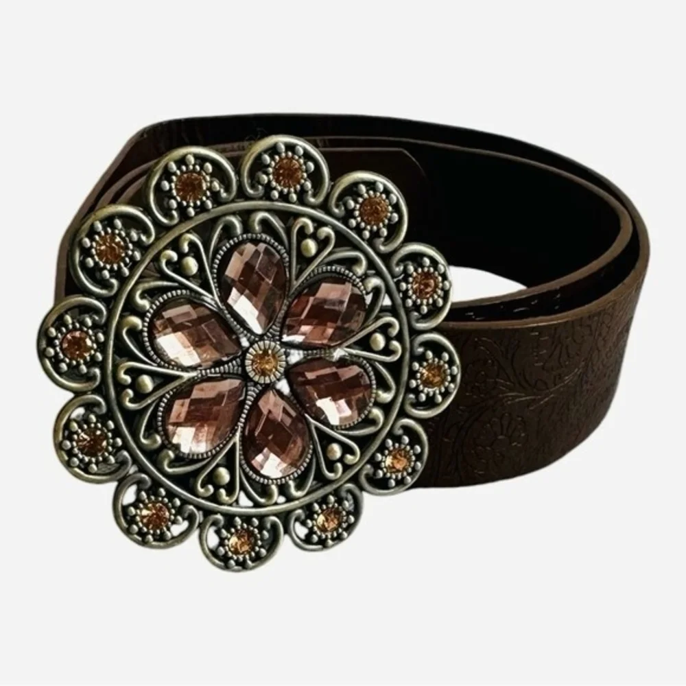 Women Brown Embossed Leatherette Belt Flower Rhinestone Metal Buckle 36